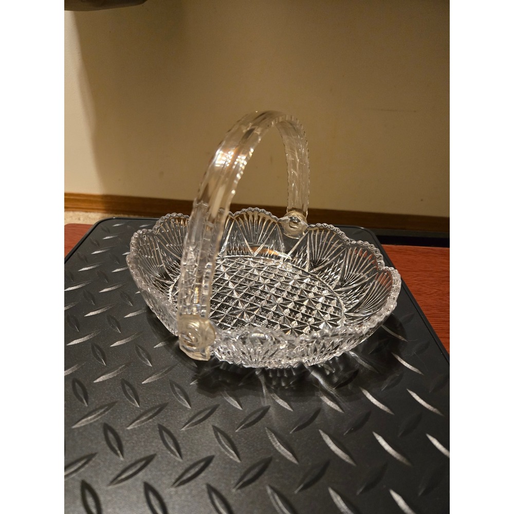 Vintage Clear Pressed Glass Basket Hobstar Fan Pattern Swing Handle Candy Dish
